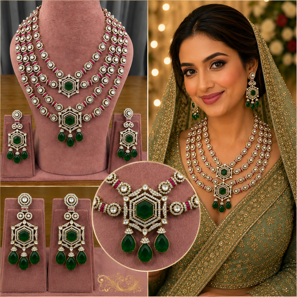 Luxury kundan necklace set with green stone pendant and earrings