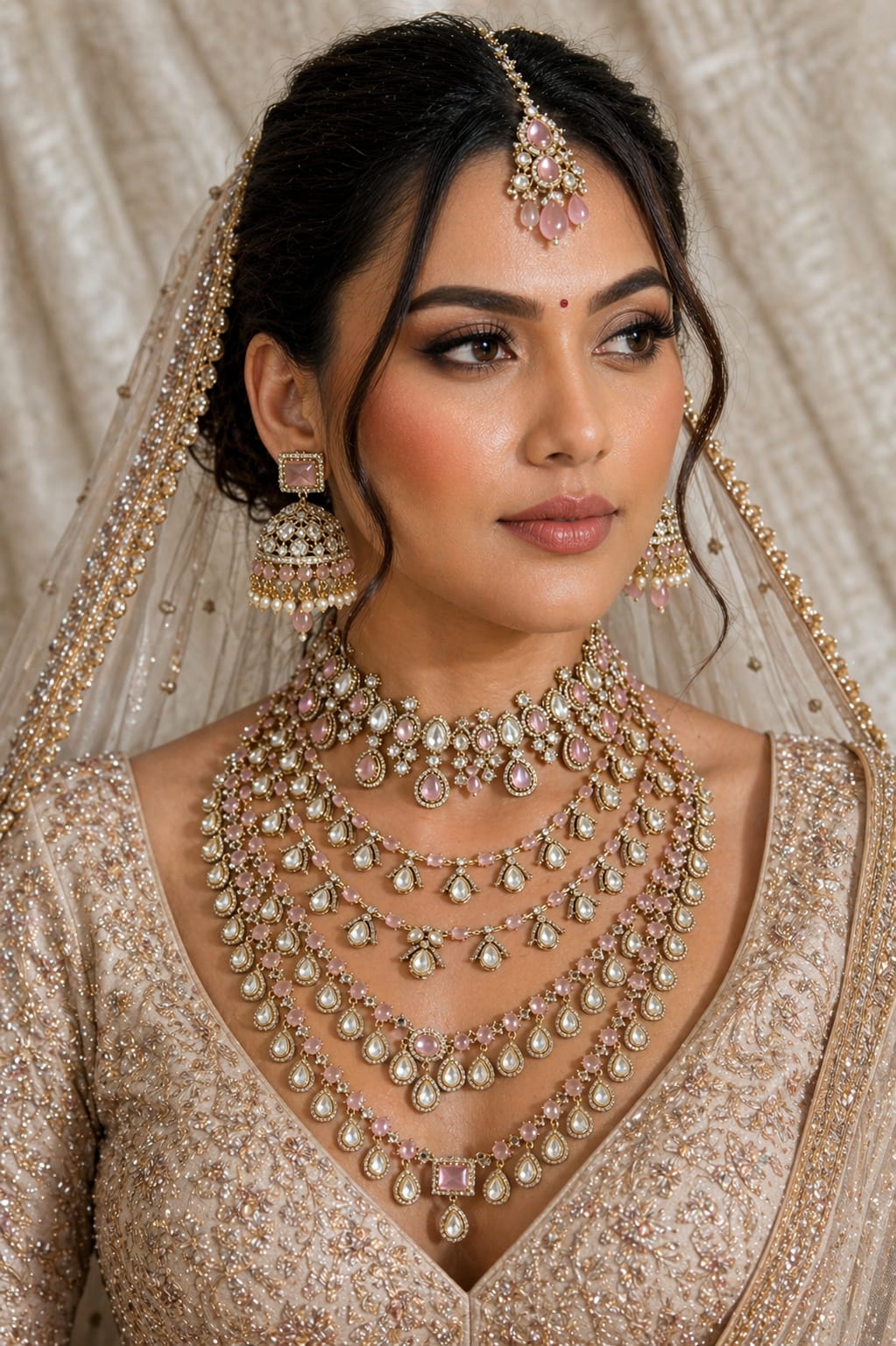 Close-up of Pink Kundan Choker and Matching Maang Tikka for Indian Brides.