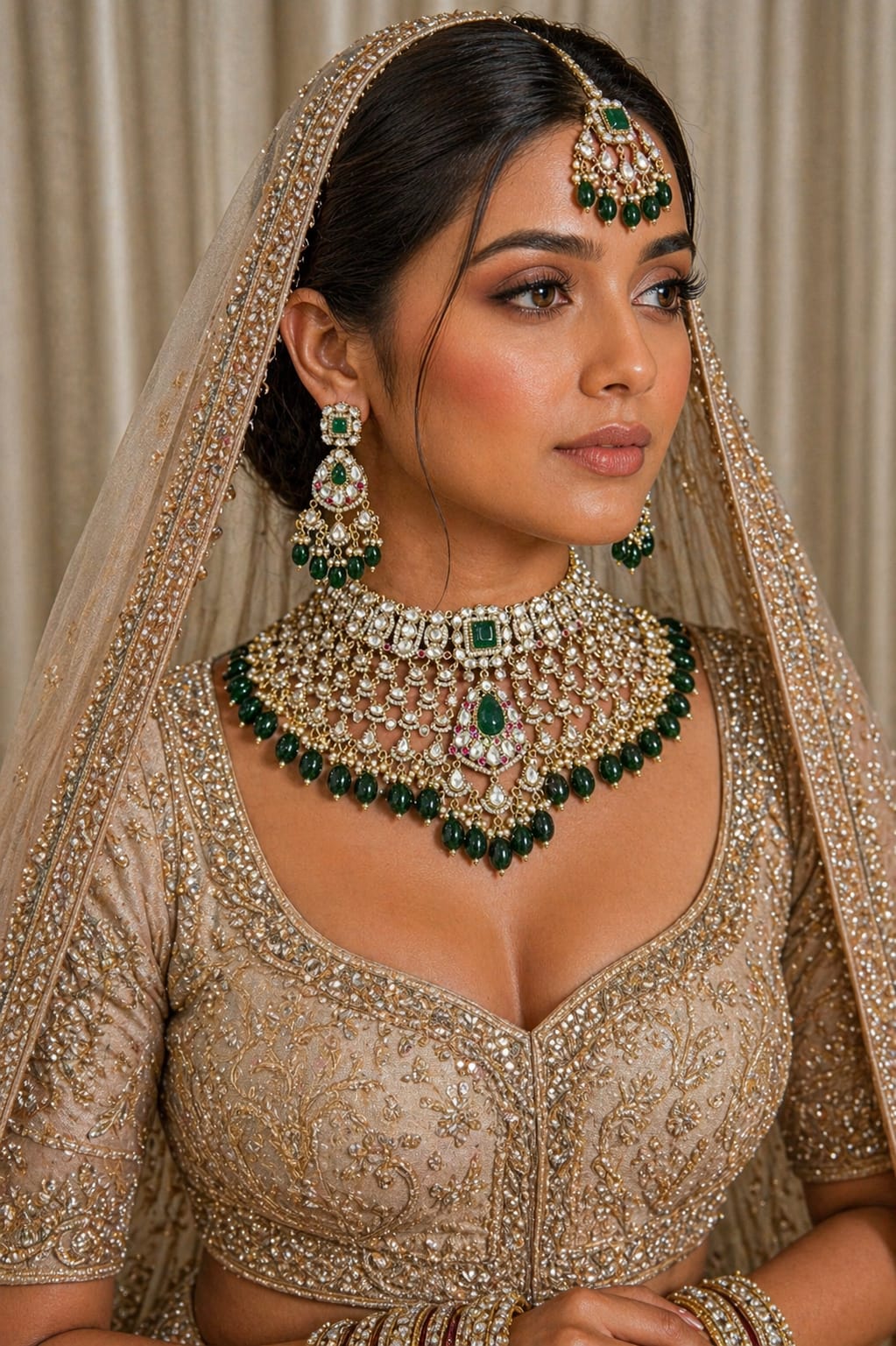 Close-up of intricate hand-painted Kundan choker for Indian brides.