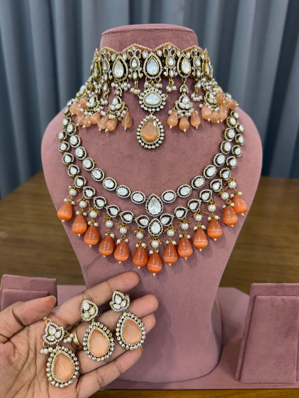 Peach Kundan Polki Bridal Necklace Set for Wedding