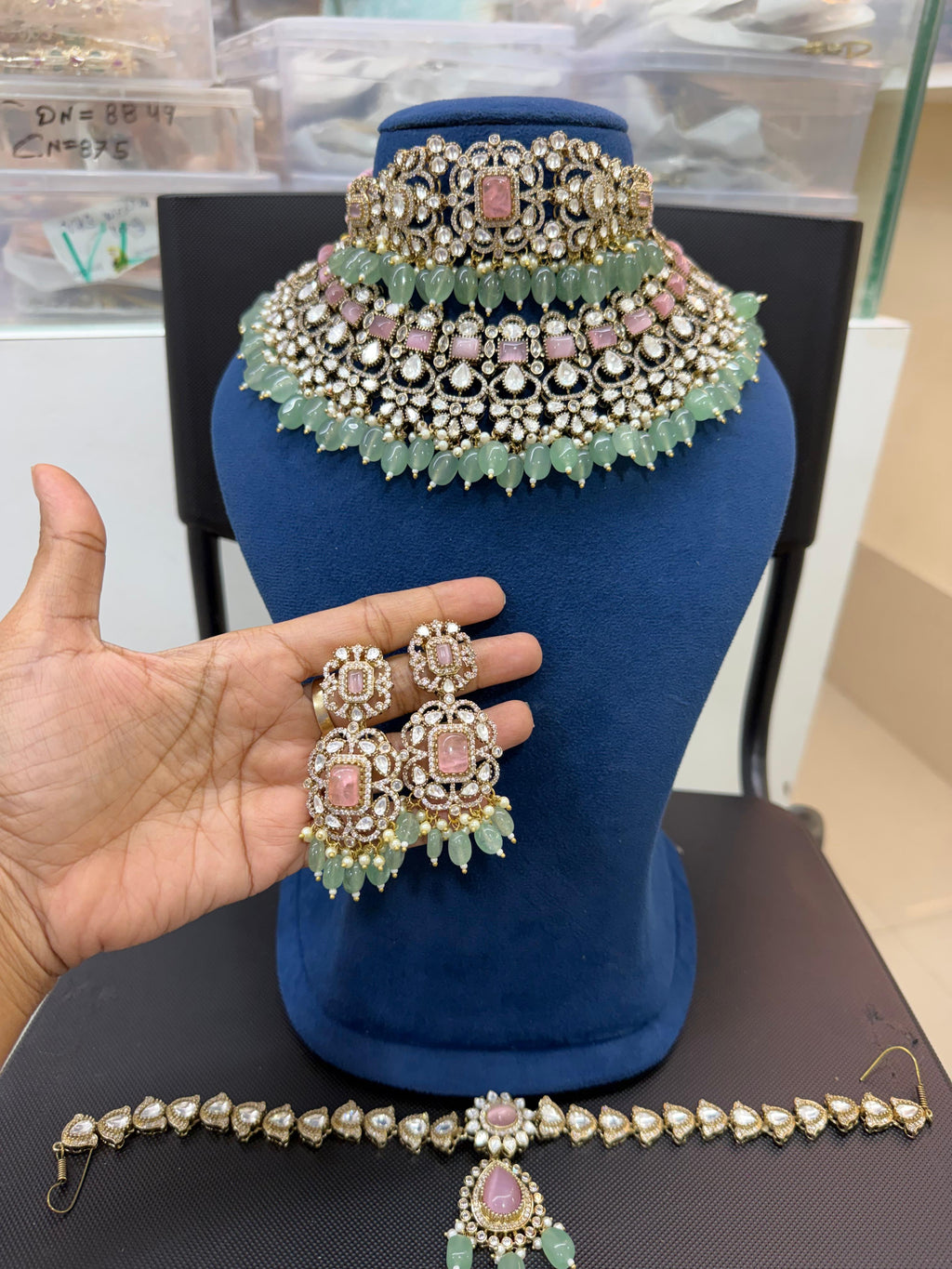 Premium Pastel Pink and Mint Green Bridal Kundan Polki Choker Jewellery Set with Earrings and Maang Tikka