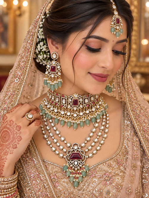 Antique Gold Finish Ruby-Emerald Kundan Polki Choker & Haar Set - Kundan Polki Bridal Jewellery by Ganesh Kundan & Polki