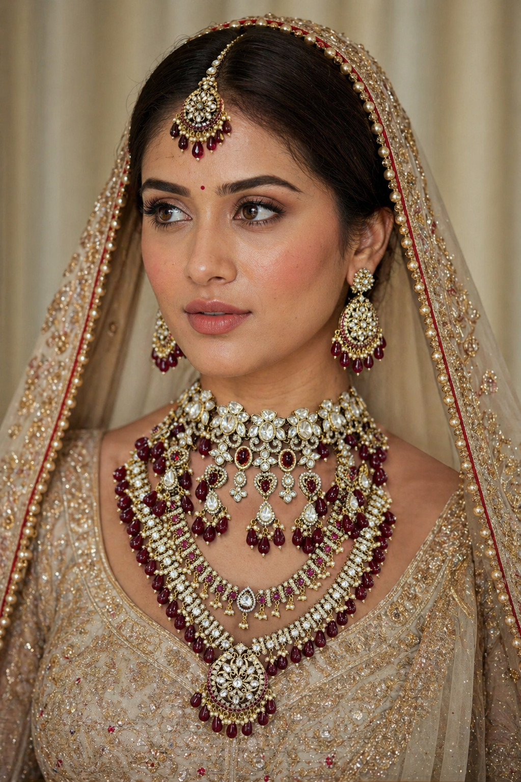 Indian bridal polki necklace set with ruby drops and earrings