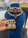 Ruby Red Bridal Kundan & Polki Jewellery Set with Choker Long Necklace Earrings and Maang Tikka
