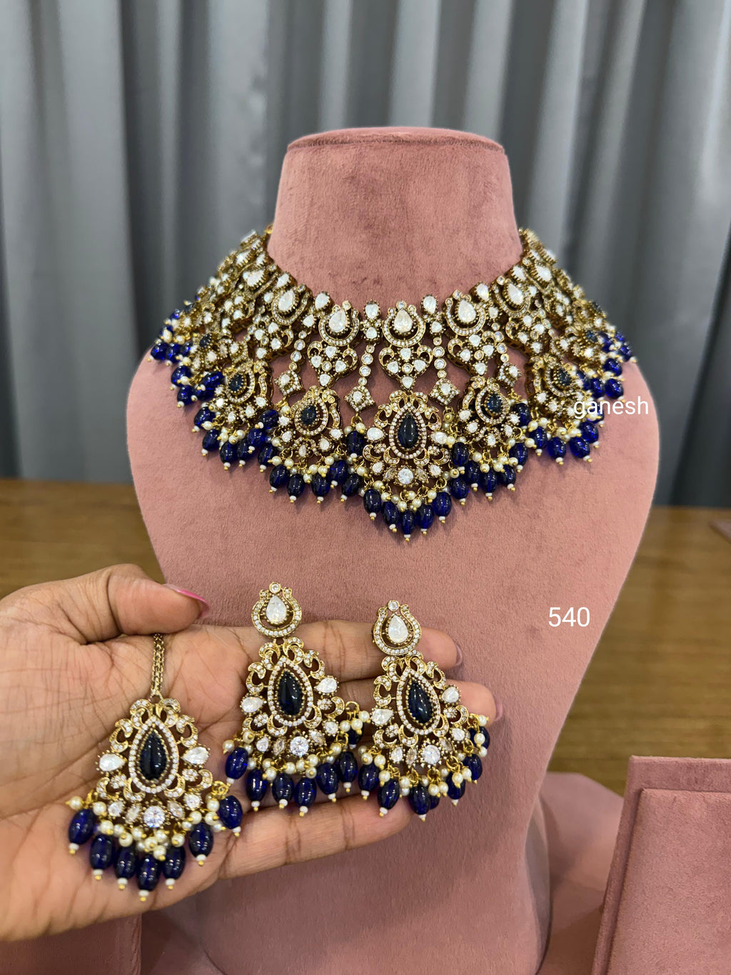Bridal Kundan Polki jewellery set with blue stones choker earrings maang tikka