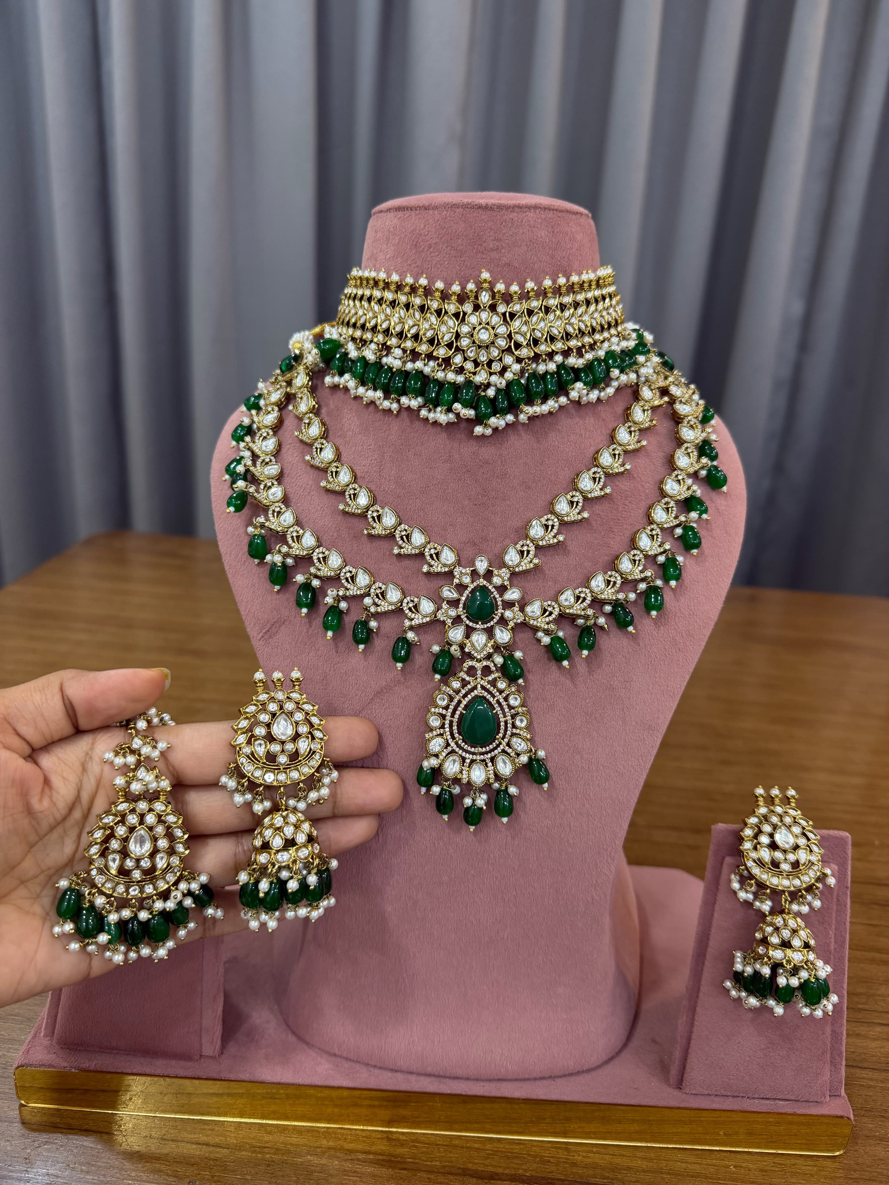 Emerald Green Bridal Kundan Polki Jewellery Set with Choker and Long Necklace