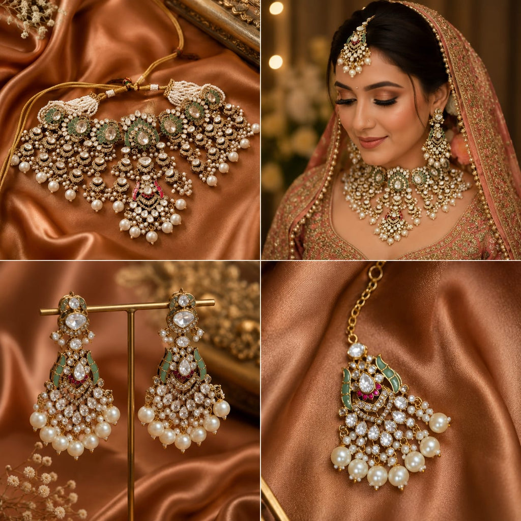 Royal Kundan choker set with pearl drops and tikka