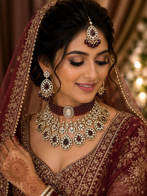 Bold Maroon Kundan Polki Choker Set - Kundan Polki Bridal Jewellery by Ganesh Kundan & Polki (view 2)