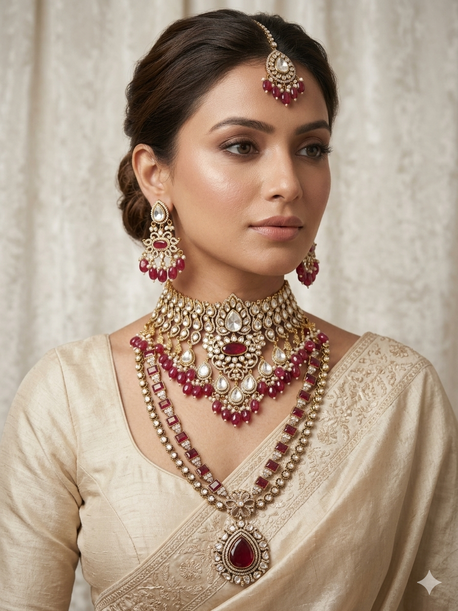 Indian bridal kundan choker and long haar set with red stones