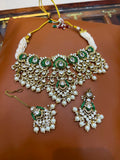 Emerald Green Bridal Kundan Polki Choker Jewellery Set with Pearl Earrings