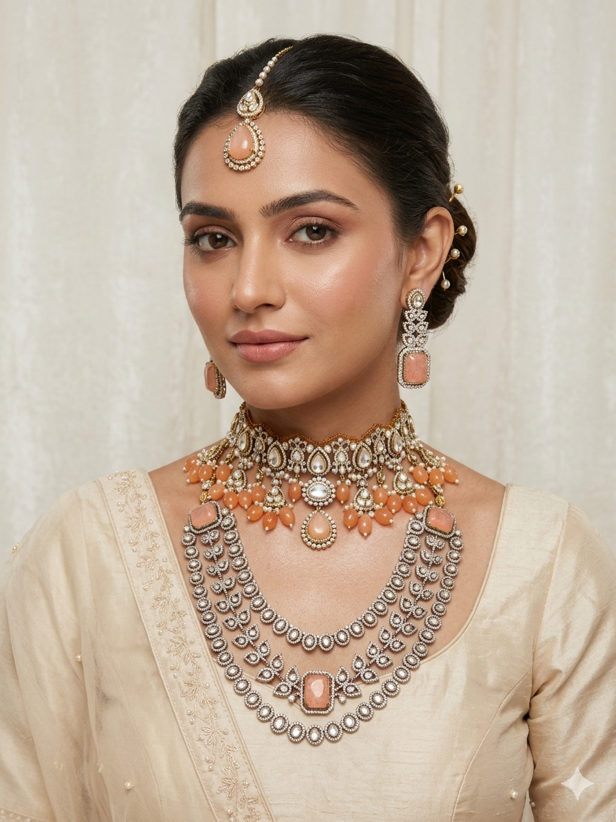 Bridal kundan polki necklace set with peach stones