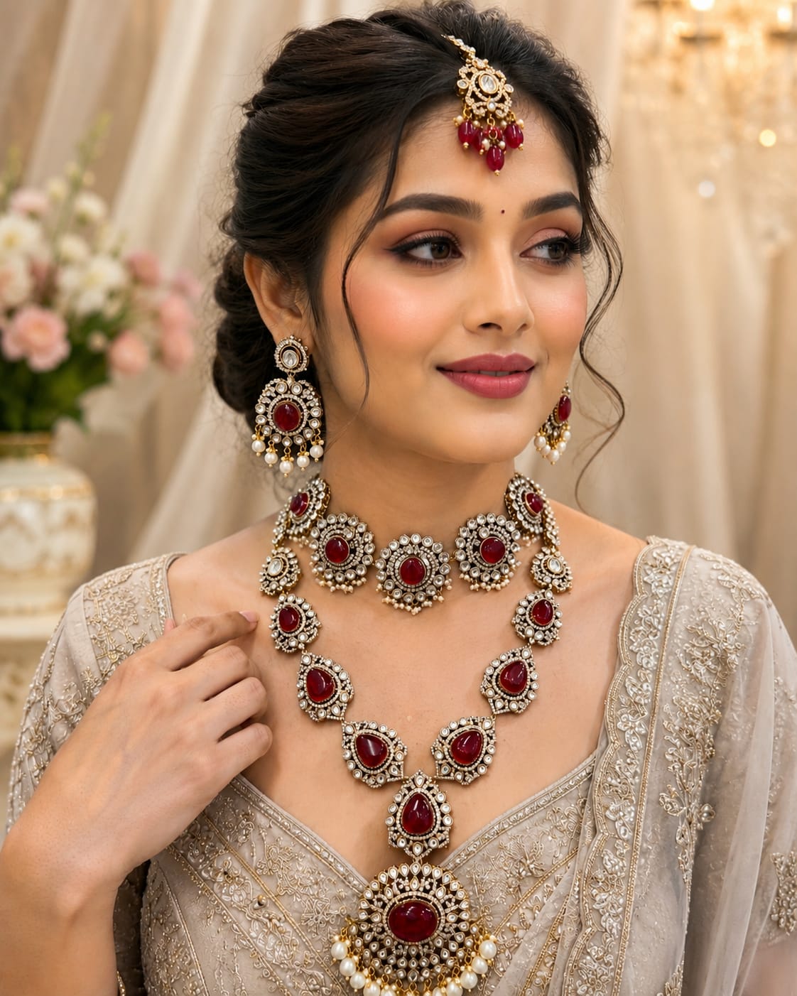 Indian Wedding Ruby Stone Kundan Necklace Set