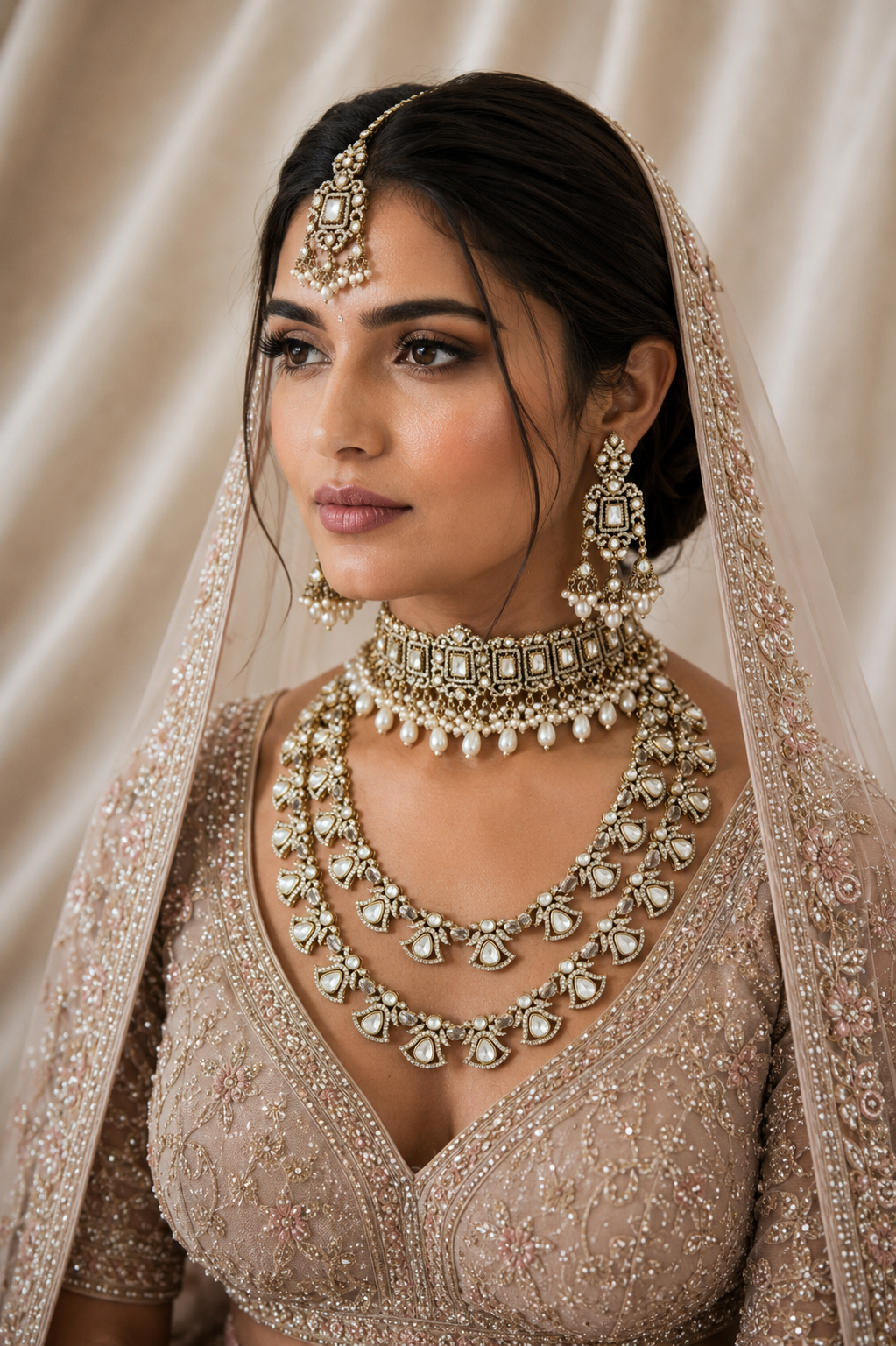 Bridal kundan choker set with layered necklace and earrings