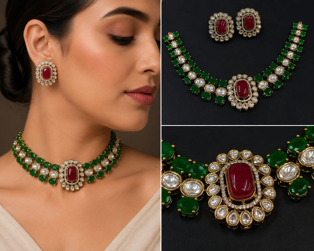 Traditional bridal Polki choker set with green stones