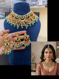 Bridal Kundan Polki jewellery set with mint green beads choker earrings maang tikka