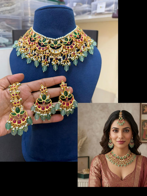 Bridal Kundan Polki jewellery set with mint green beads choker earrings maang tikka