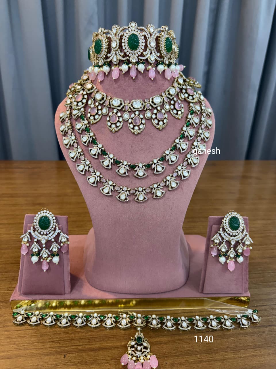Bridal green pink kundan polki jewellery set with choker and long necklace