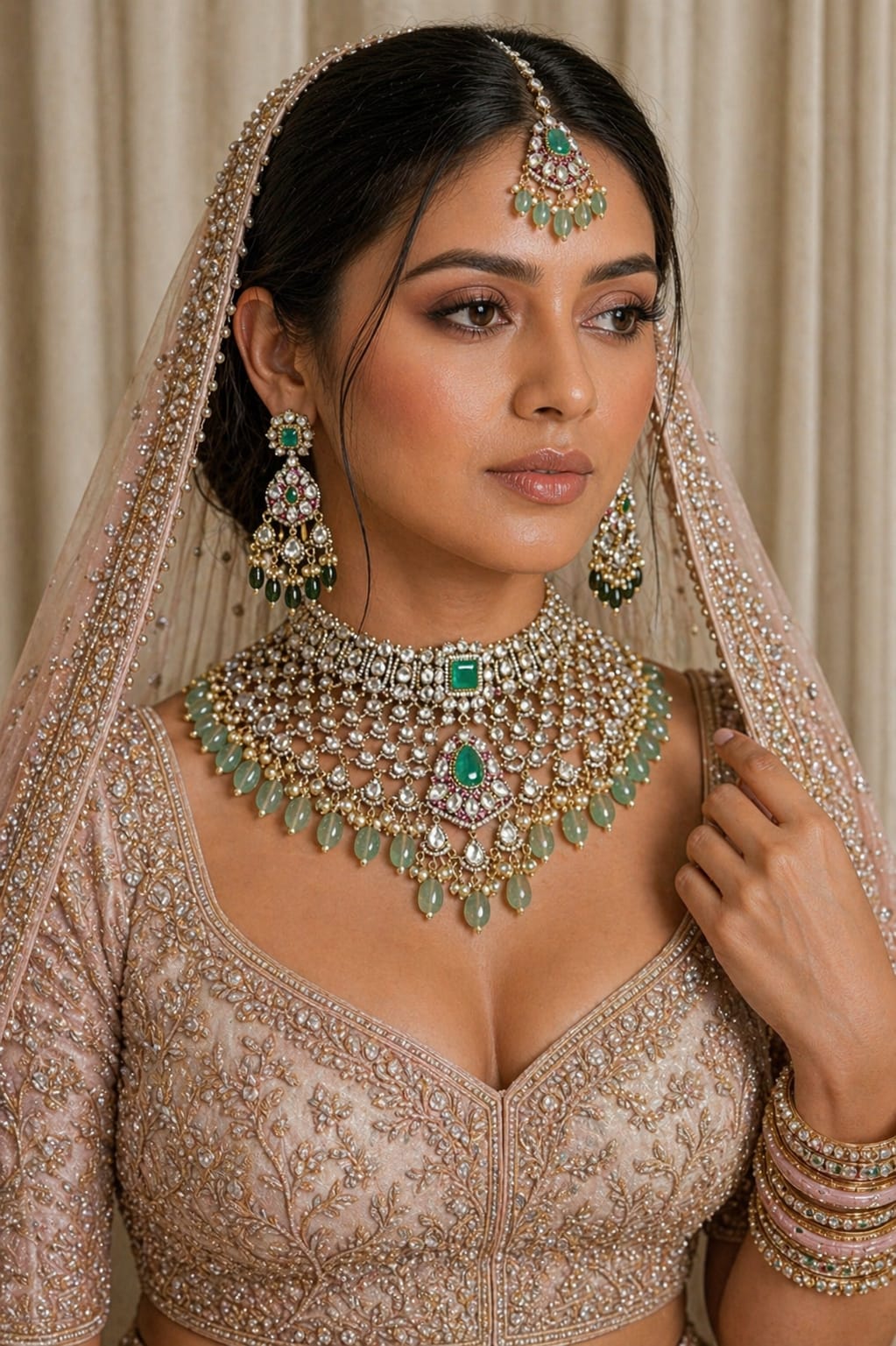 Close-up of intricate Polki work bridal necklace with emerald green beads.