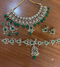 Emerald Green Kundan Polki Bridal Jewellery Set with Choker, Long Necklace, Earrings, Maang Tikka and Rings by Ganesh Kundan Jewellery
