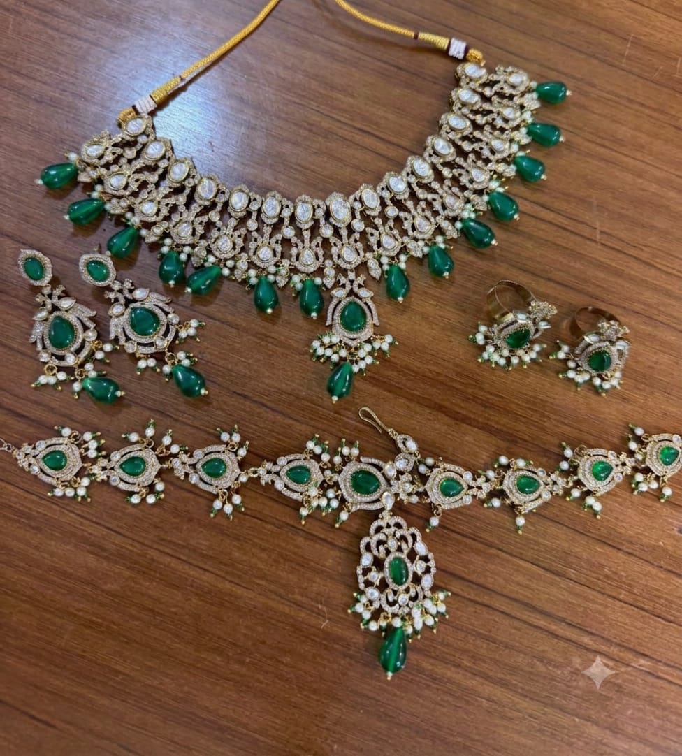 Emerald Green Kundan Polki Bridal Jewellery Set with Choker, Long Necklace, Earrings, Maang Tikka and Rings by Ganesh Kundan Jewellery
