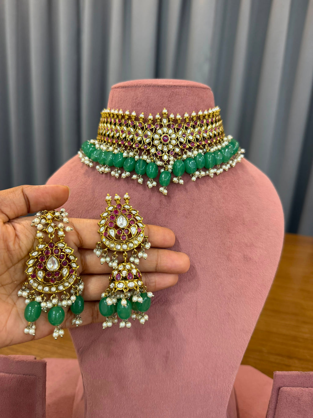 Mint Green Bridal Kundan Polki Choker Jewellery Set with Earrings and Maang Tikka