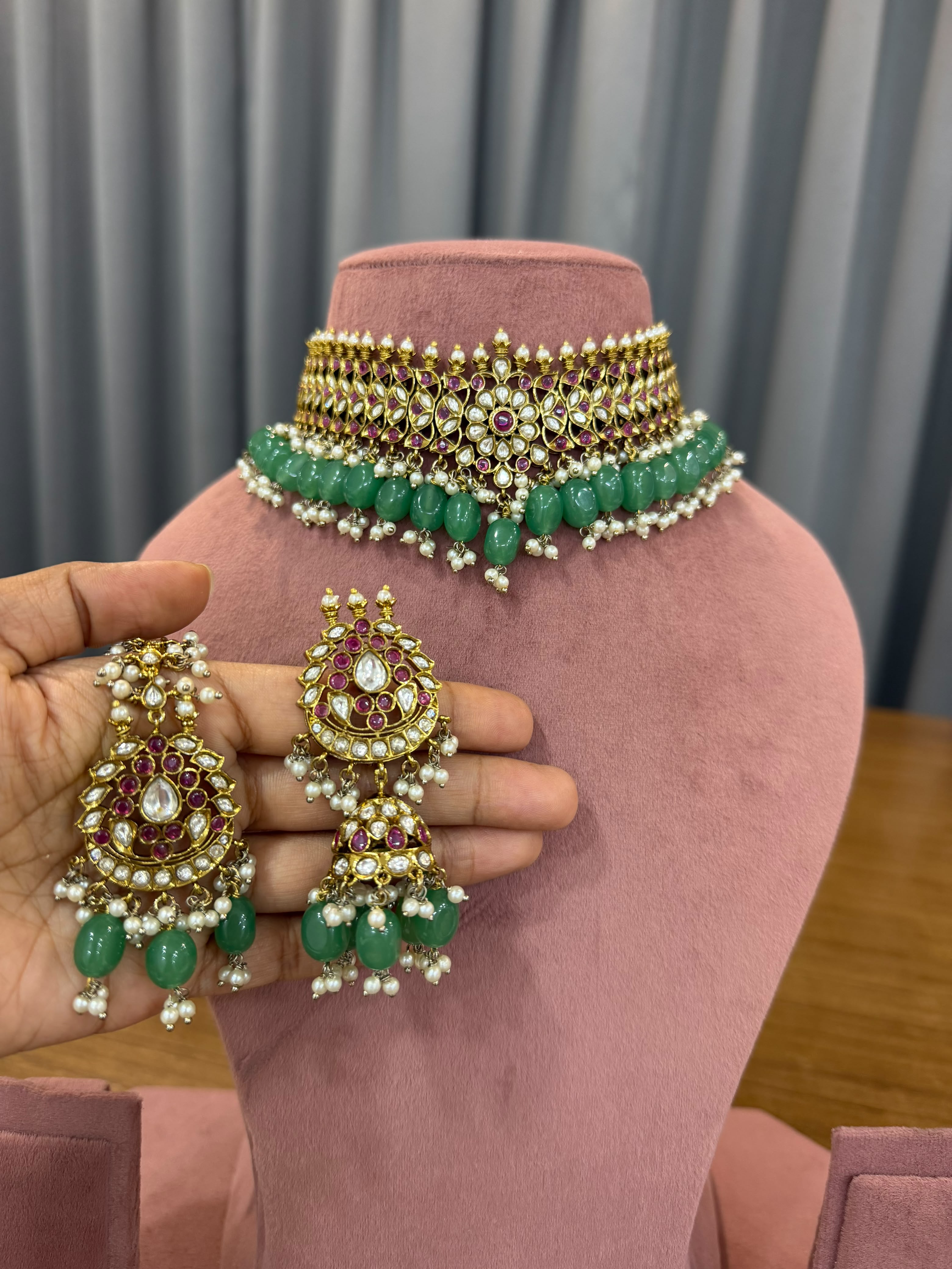 Mint Green Bridal Kundan Polki Choker Jewellery Set with Earrings and Maang Tikka