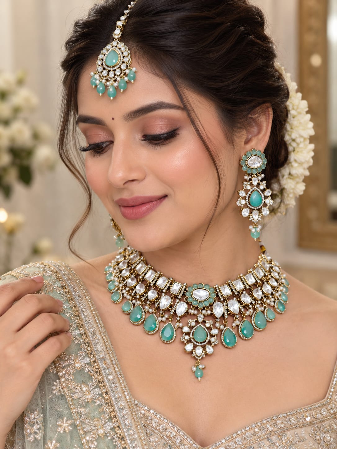 Captivating Turquoise Kundan Polki Choker Set with Maang Tikka - Kundan Polki Bridal Jewellery by Ganesh Kundan & Polki (view 2)