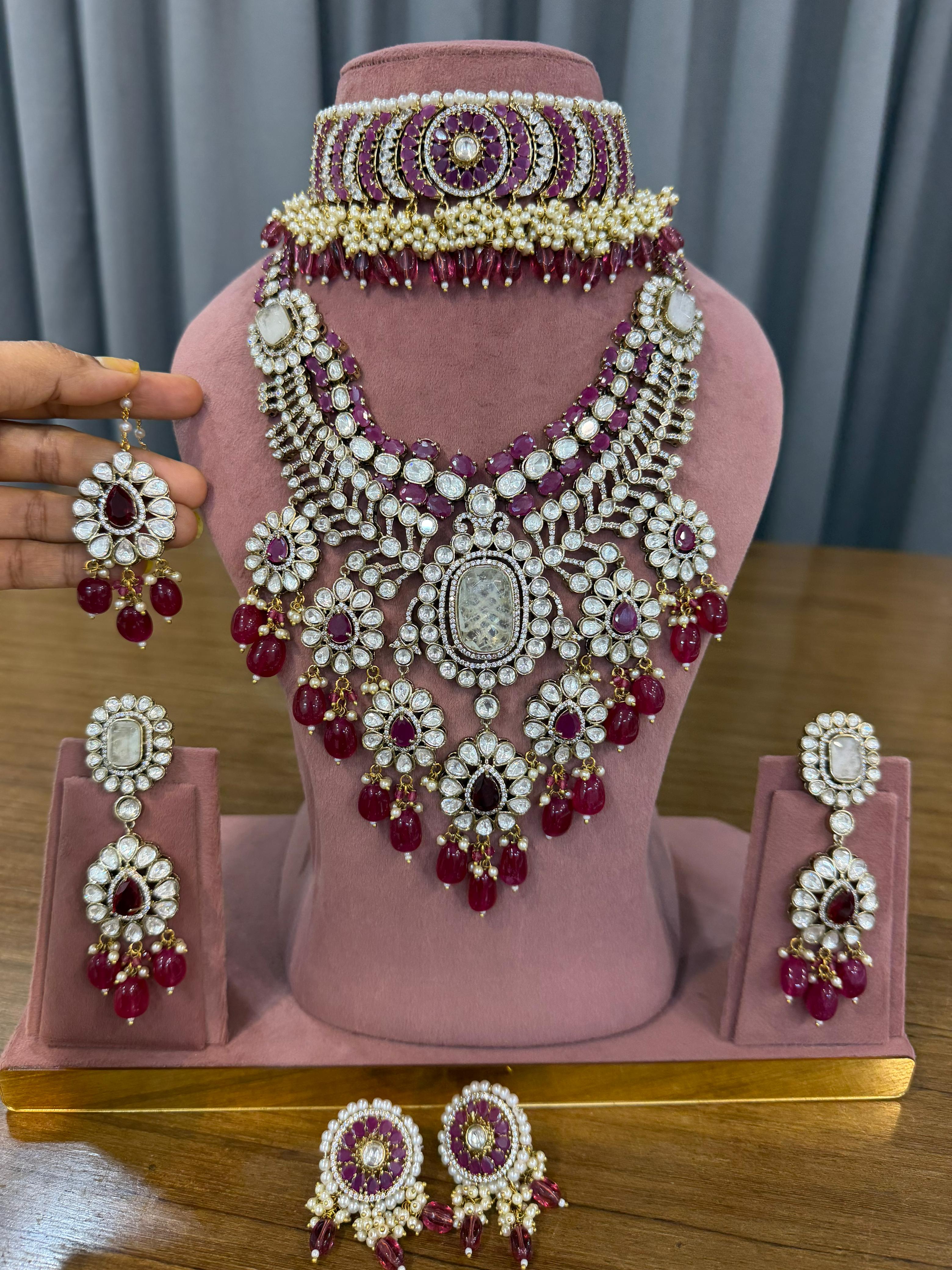 Ruby Red Bridal Kundan and Polki Jewellery Set with Choker and Long Necklace
