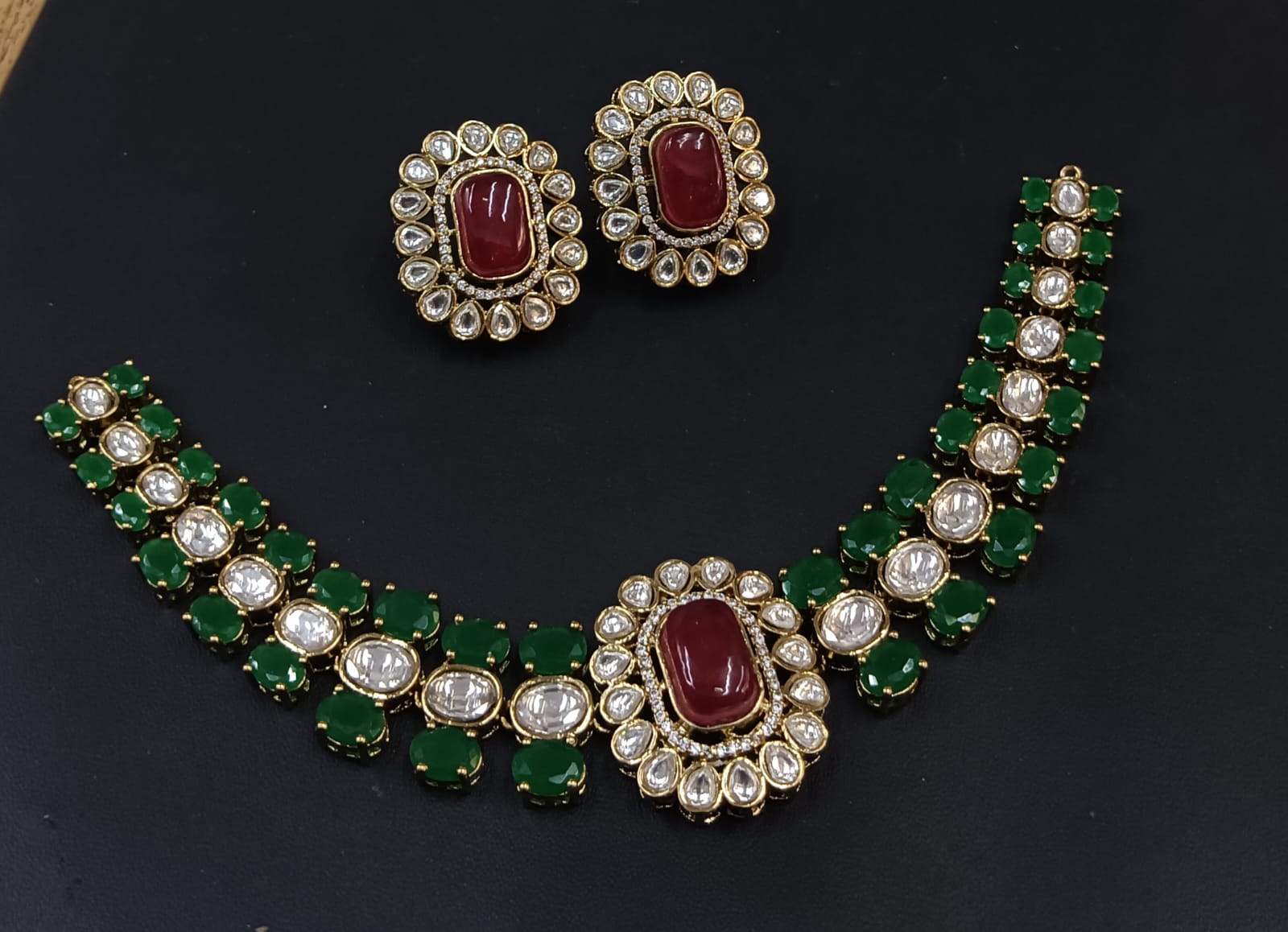 Royal green and maroon bridal Kundan Polki choker jewellery set with earrings