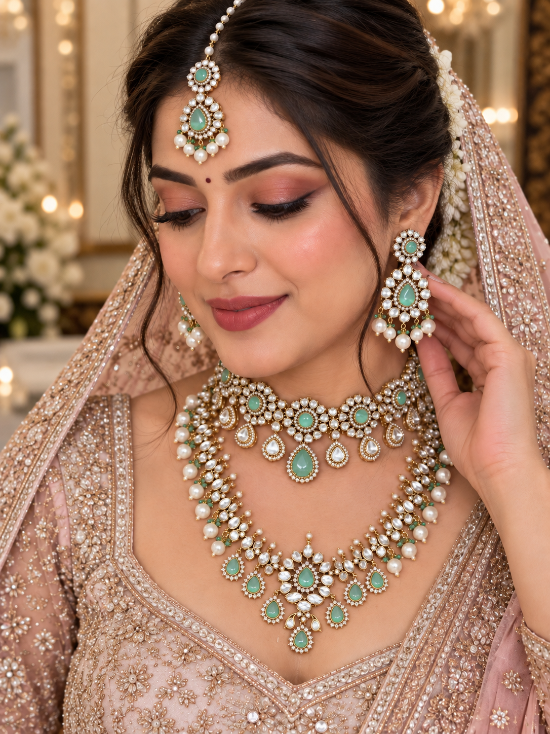 Bespoke Mint-White Kundan Polki Choker & Haar Set - Kundan Polki Bridal Jewellery by Ganesh Kundan & Polki (view 2)