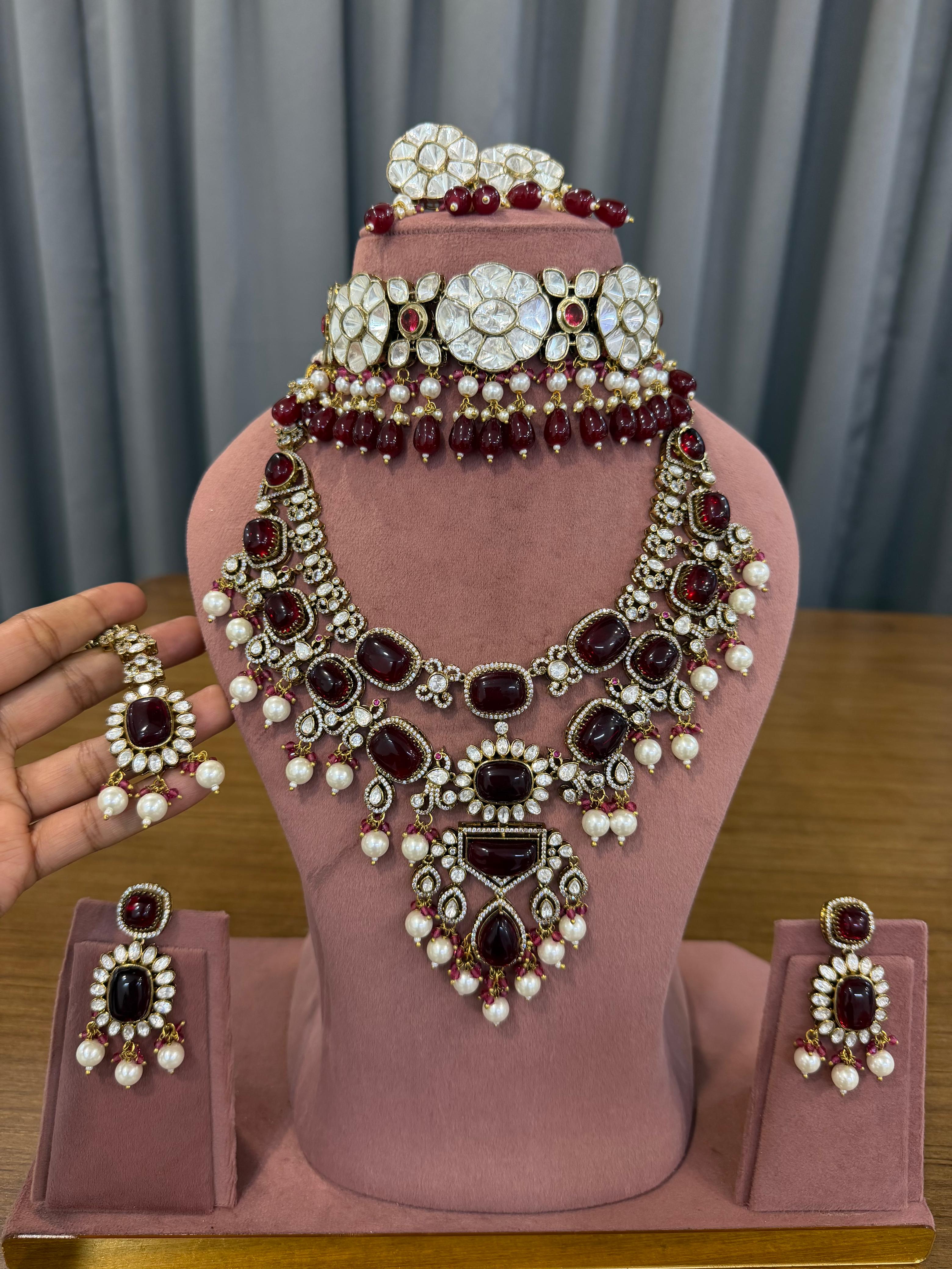 Maroon Bridal Kundan and Polki Jewellery Set with Choker Necklace Earrings and Maang Tikka