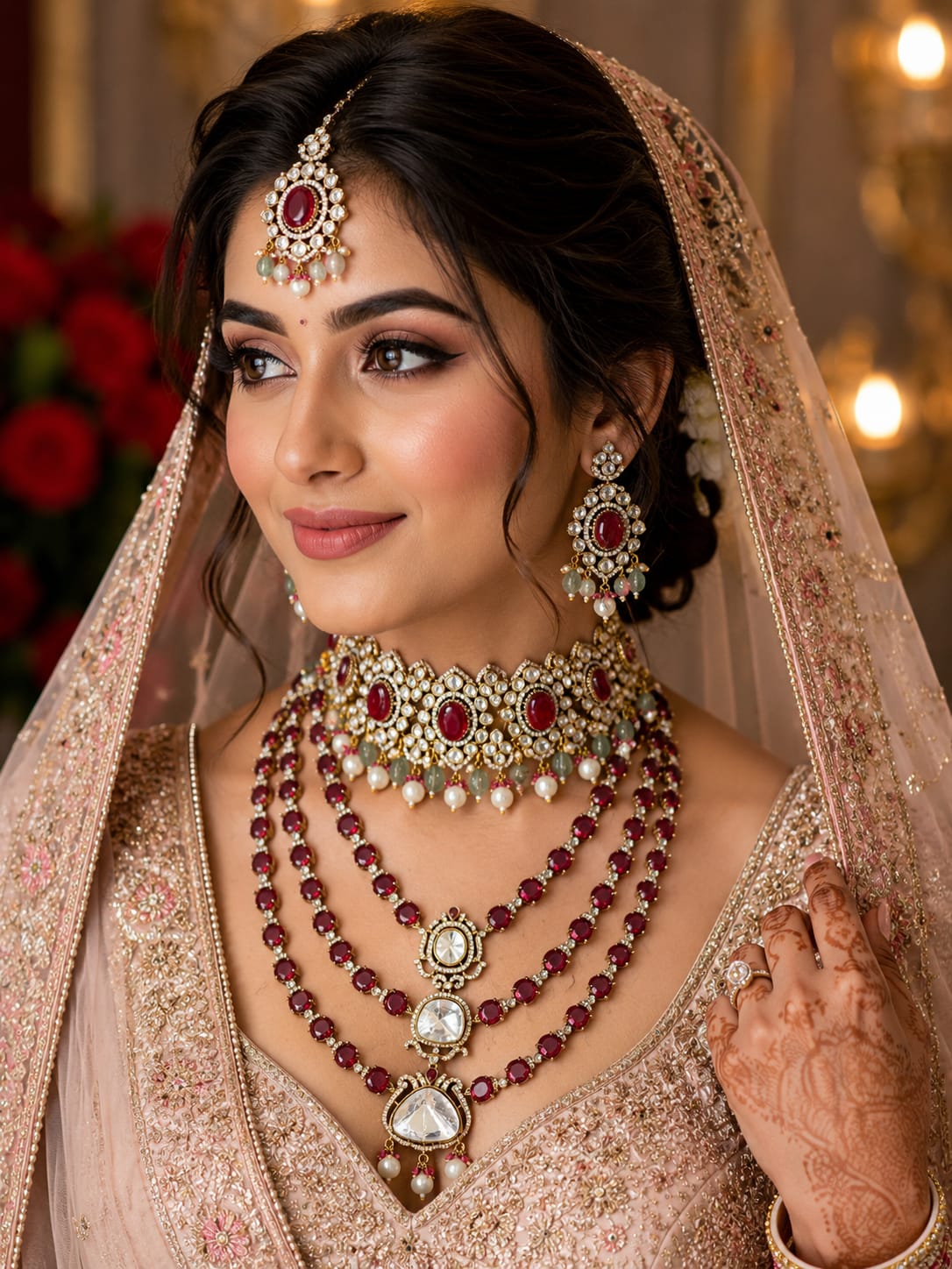 Designer Bridal Choker Set with Ruby Red Stones and Earrings
