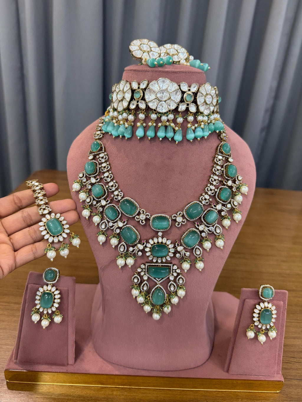 Luxury Bridal Kundan and Polki Jewellery Set with Mint Green Stones Choker Necklace and Earrings