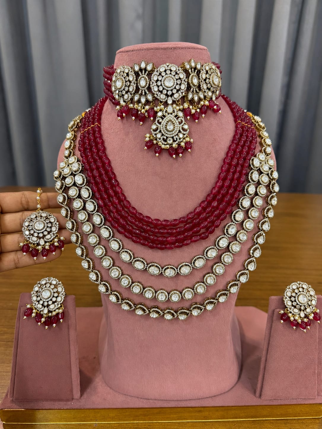 Premium Ruby Red Bridal Kundan & Polki Jewellery Set with Multi-Layer Beaded Haram, Choker and Stud Earrings