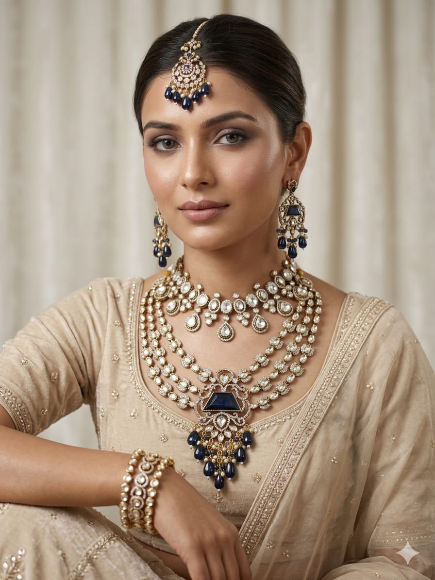 Luxury Polki Necklace Set with blue Stone Drops