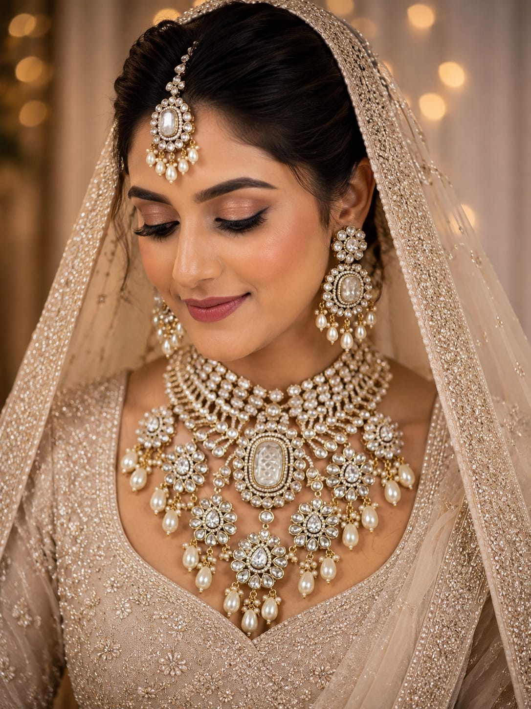 Close-up view of artificial kundan bridal choker necklace with pearl drops