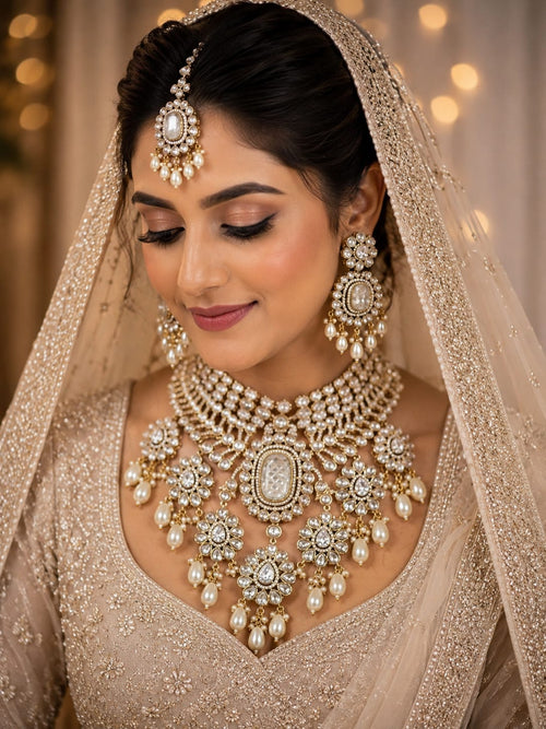 Close-up view of artificial kundan bridal choker necklace with pearl drops