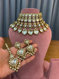 Bridal Kundan Polki Choker Jewellery Set with Earrings and Maang Tikka in Ivory White