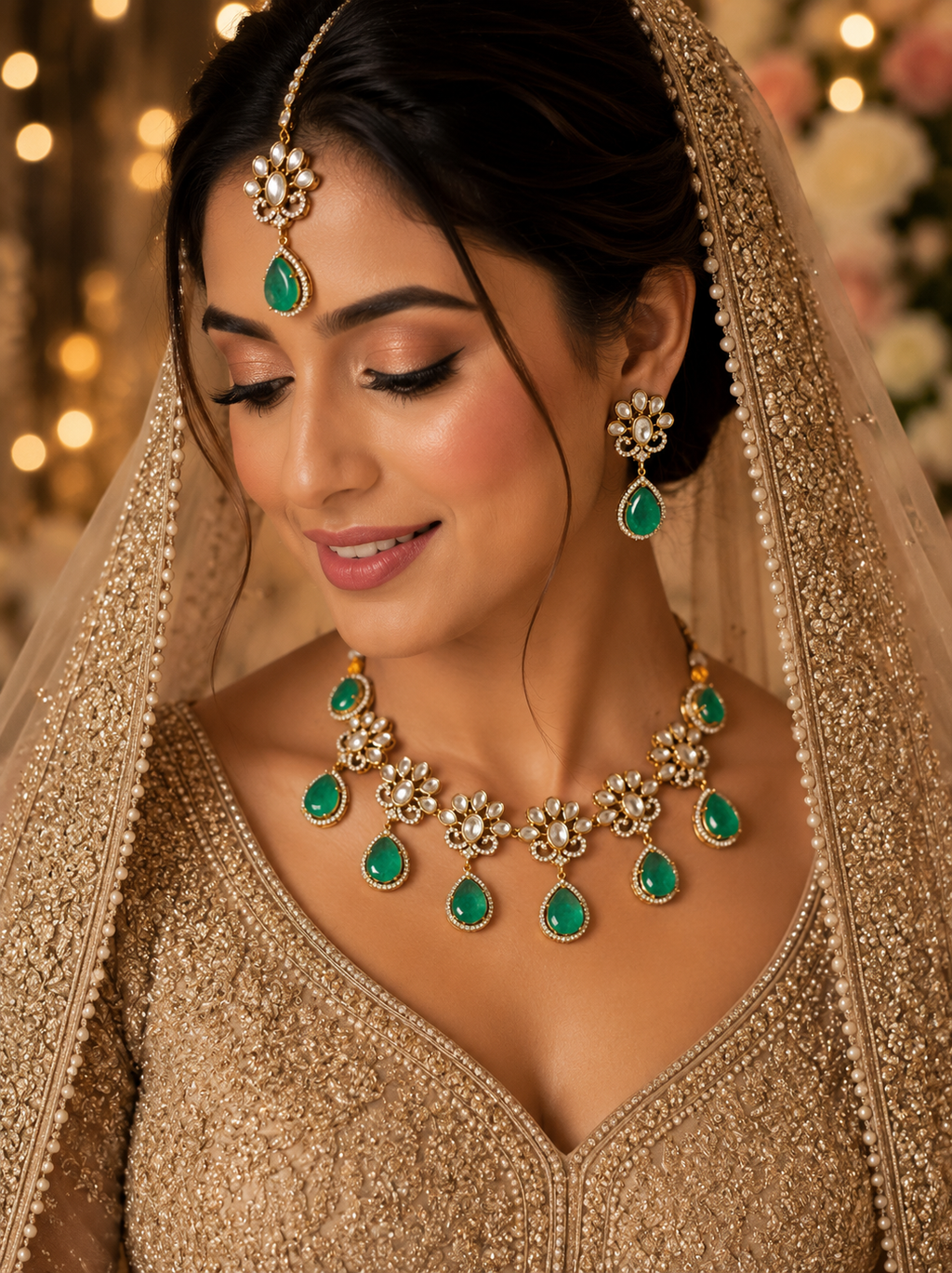 Emerald Green Kundan Polki Bridal Necklace Set