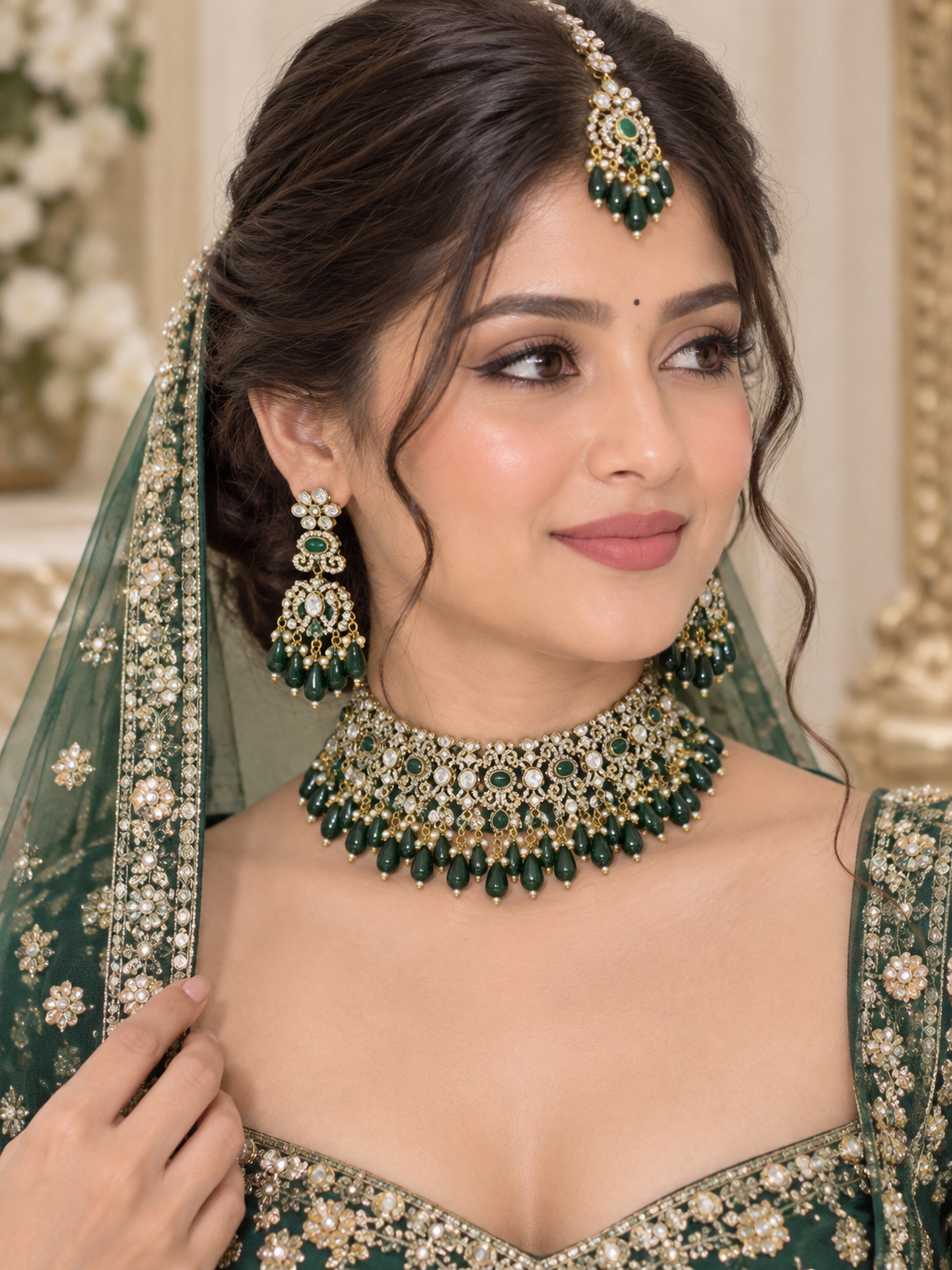 Grand Emerald Kundan Polki Choker Set - Kundan Polki Bridal Jewellery by Ganesh Kundan & Polki (view 2)