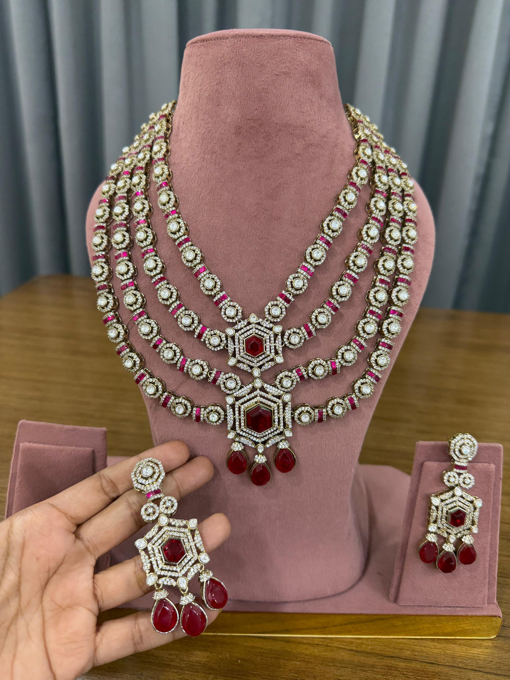 Ruby Red Bridal Kundan and Polki Jewellery Set with Layered Necklace and Earrings