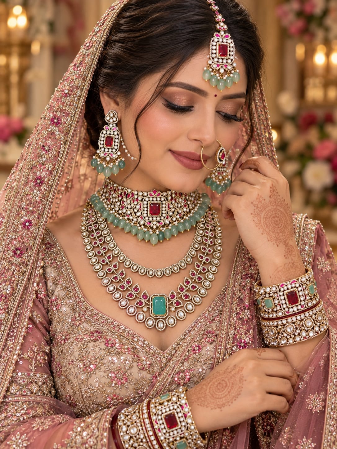 Festive-Ready Mint-Ruby Kundan Polki Choker Set - Kundan Polki Bridal Jewellery by Ganesh Kundan & Polki (view 2)