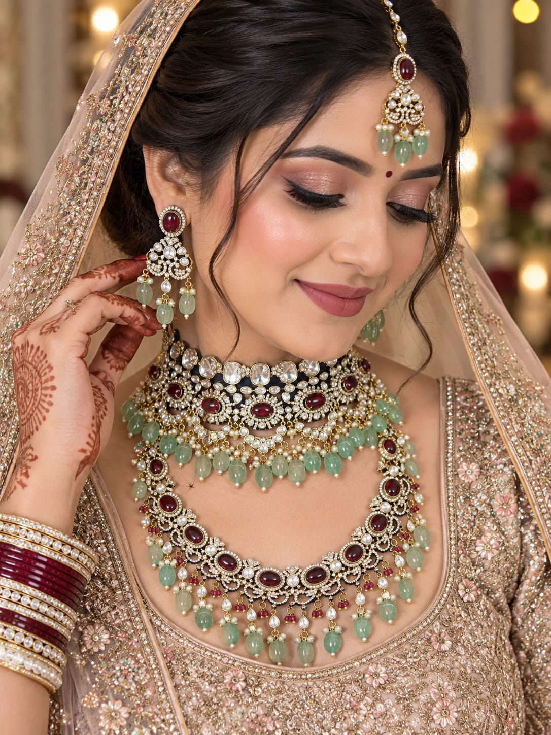 Dramatic Maroon-Mint Kundan Polki Choker & Haar Set - Kundan Polki Bridal Jewellery by Ganesh Kundan & Polki (view 2)