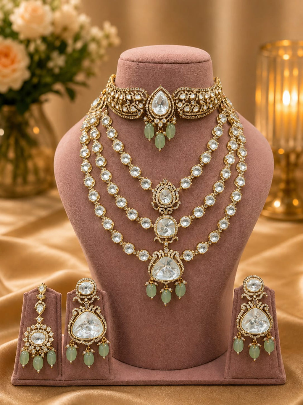 Bridal Kundan Polki Jewellery Set with Choker, Triple Layer Long Necklace, Earrings 