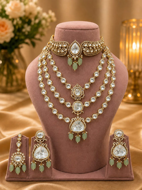 Bridal Kundan Polki Jewellery Set with Choker, Triple Layer Long Necklace, Earrings 