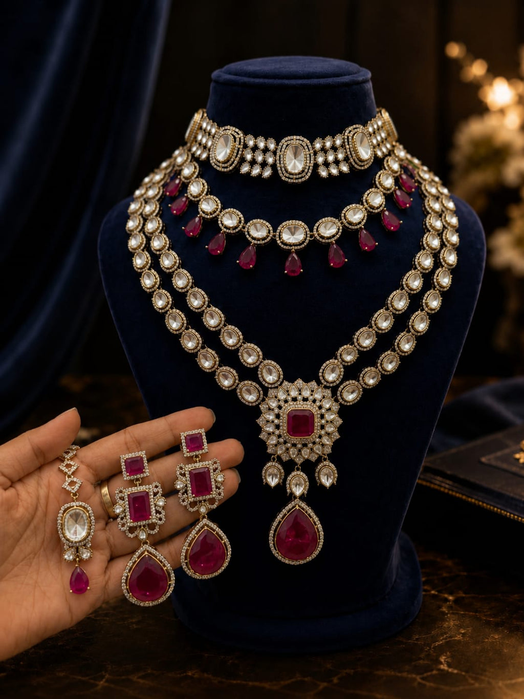 Bridal Kundan and Polki Jewellery Set with Ruby Red Drops in Choker and Long Necklace