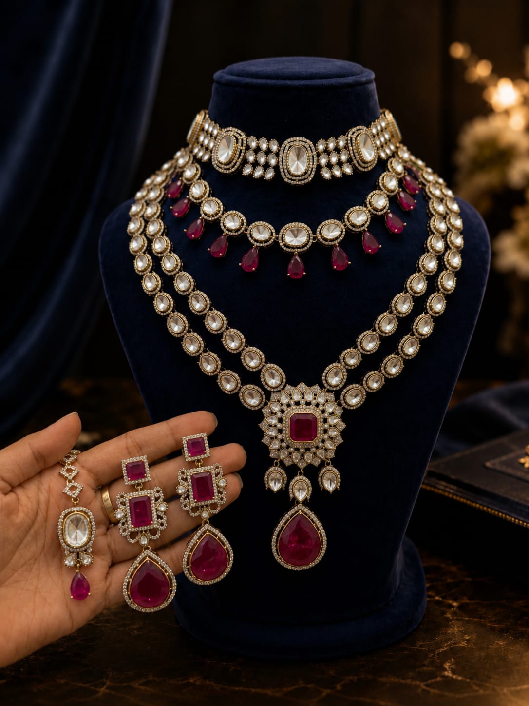 Bridal Kundan and Polki Jewellery Set with Ruby Red Drops in Choker and Long Necklace