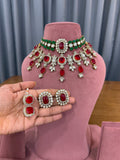 Ruby Red and Emerald Green Bridal Kundan Polki Jewellery Set with Choker Earrings and Maang Tikka