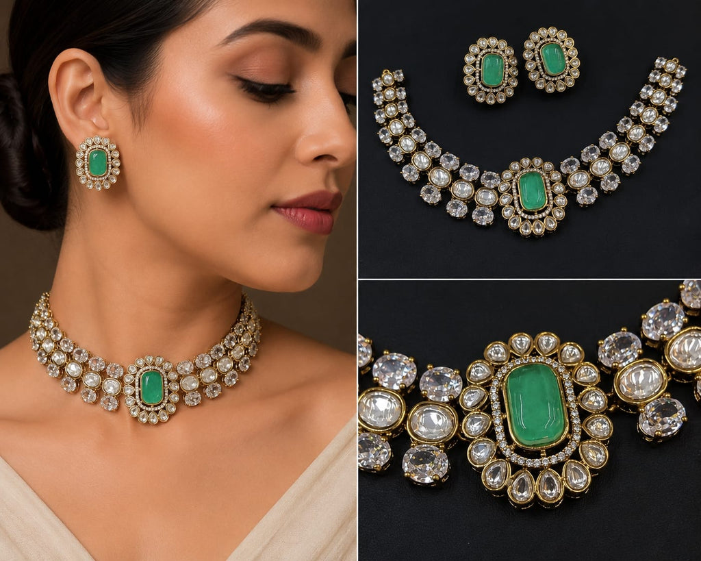 Green stone bridal polki necklace set for wedding