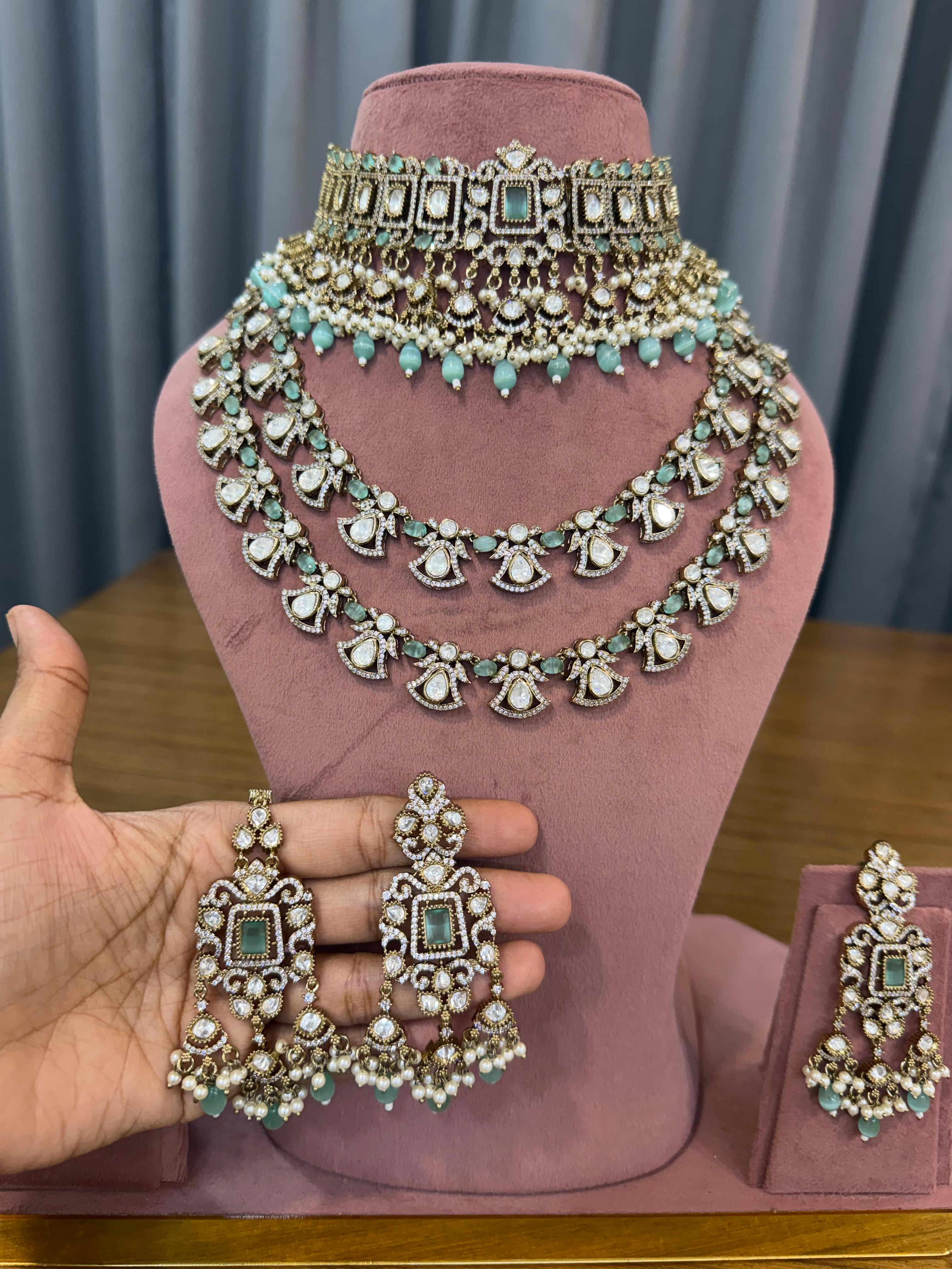 Mint Green Bridal Kundan and Polki Jewellery Set with Choker and Layered Necklace